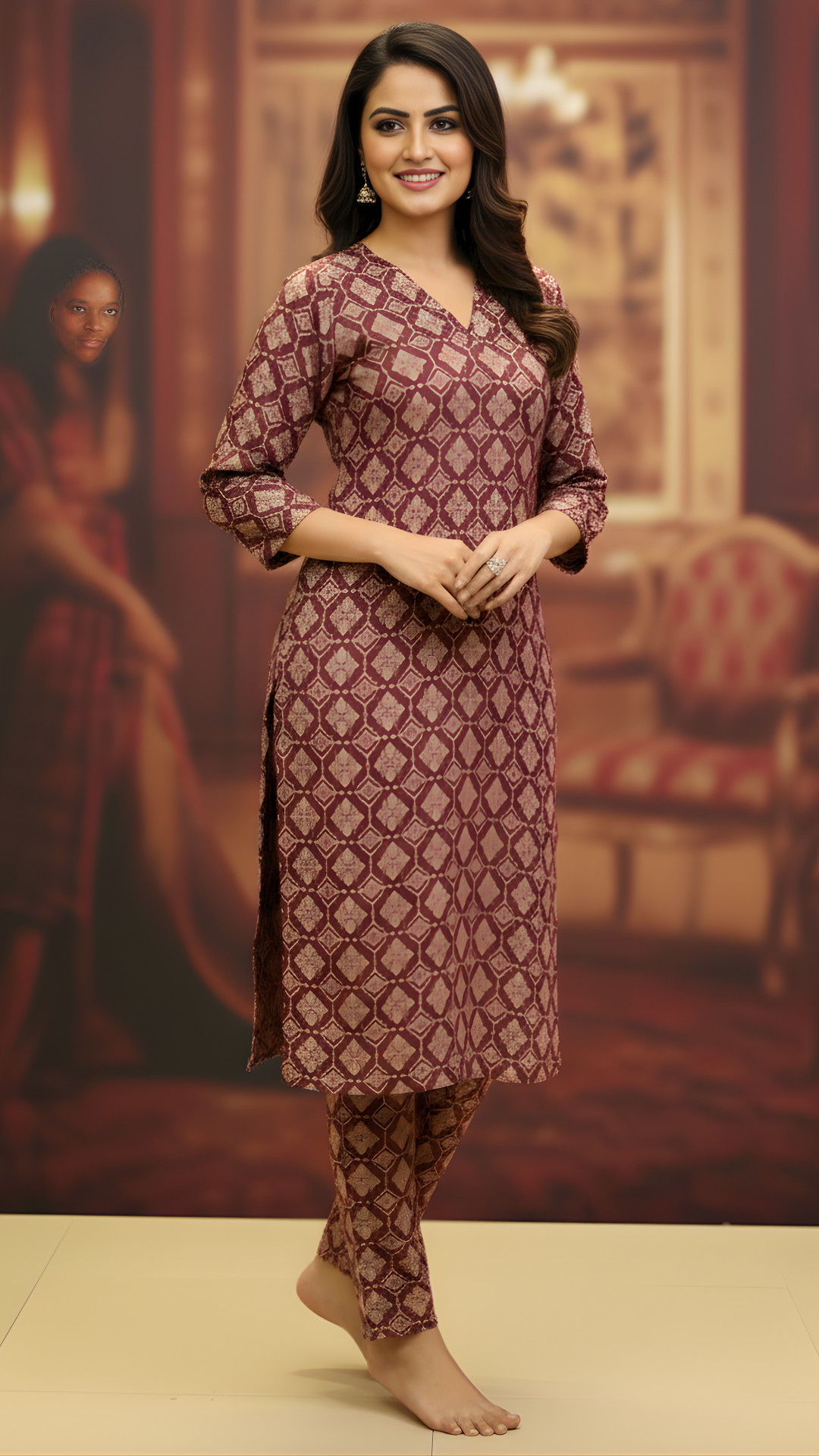 Brown Pure Cotton Katha Printed Kurti-Pant Set