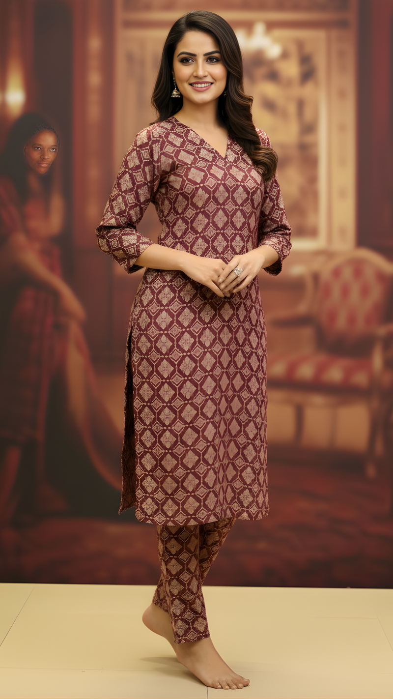 Brown Pure Cotton Katha Printed Kurti-Pant Set