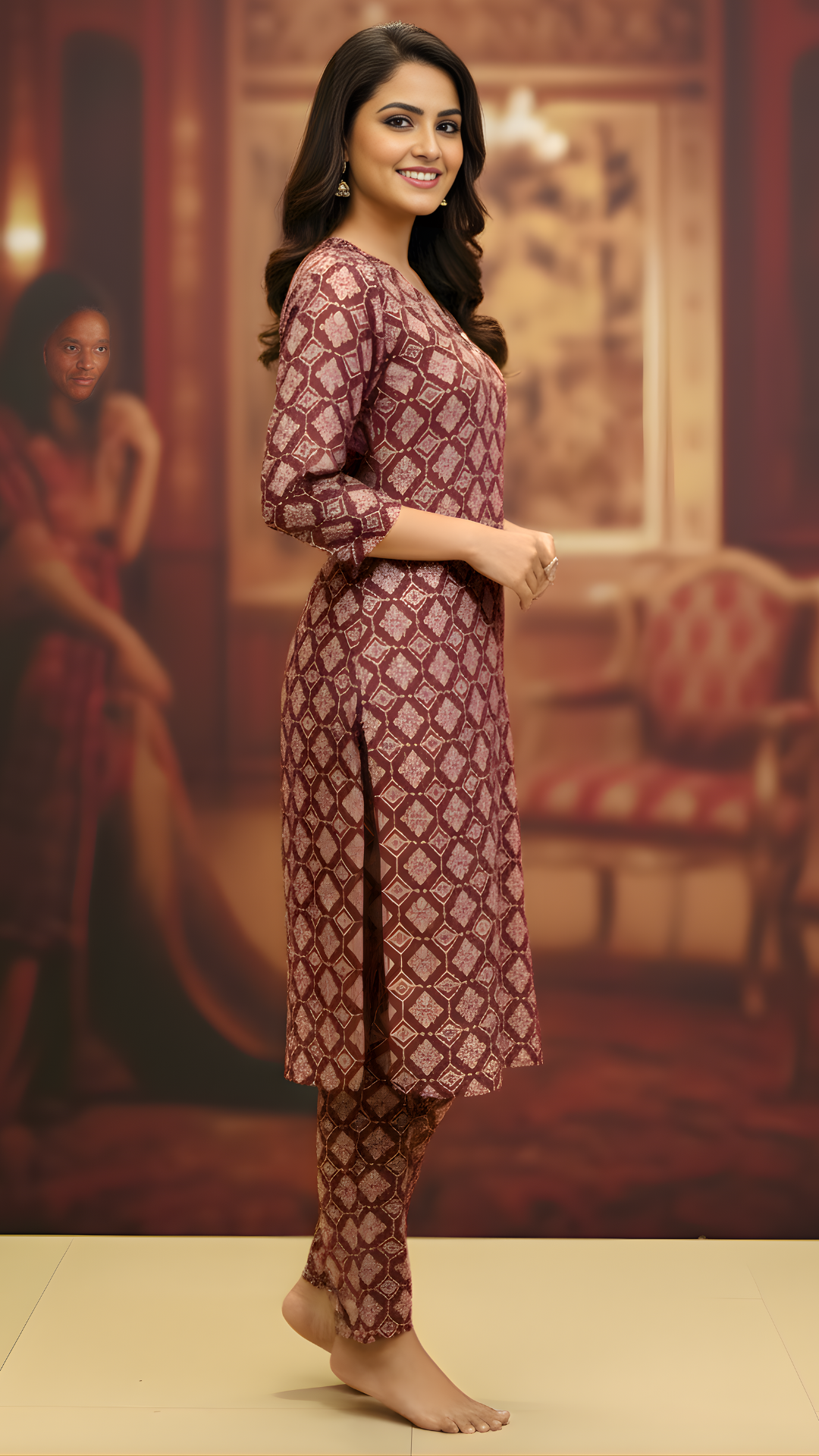 Brown Pure Cotton Katha Printed Kurti-Pant Set