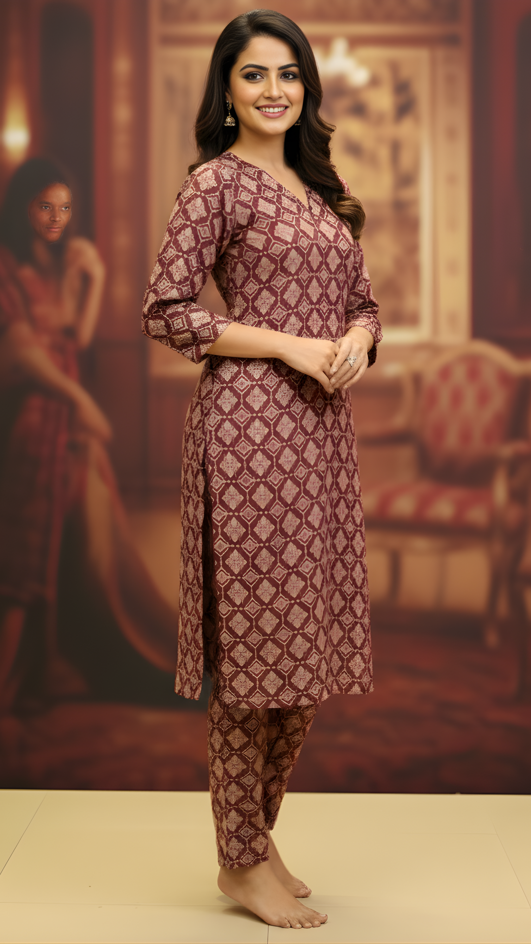 Brown Pure Cotton Katha Printed Kurti-Pant Set