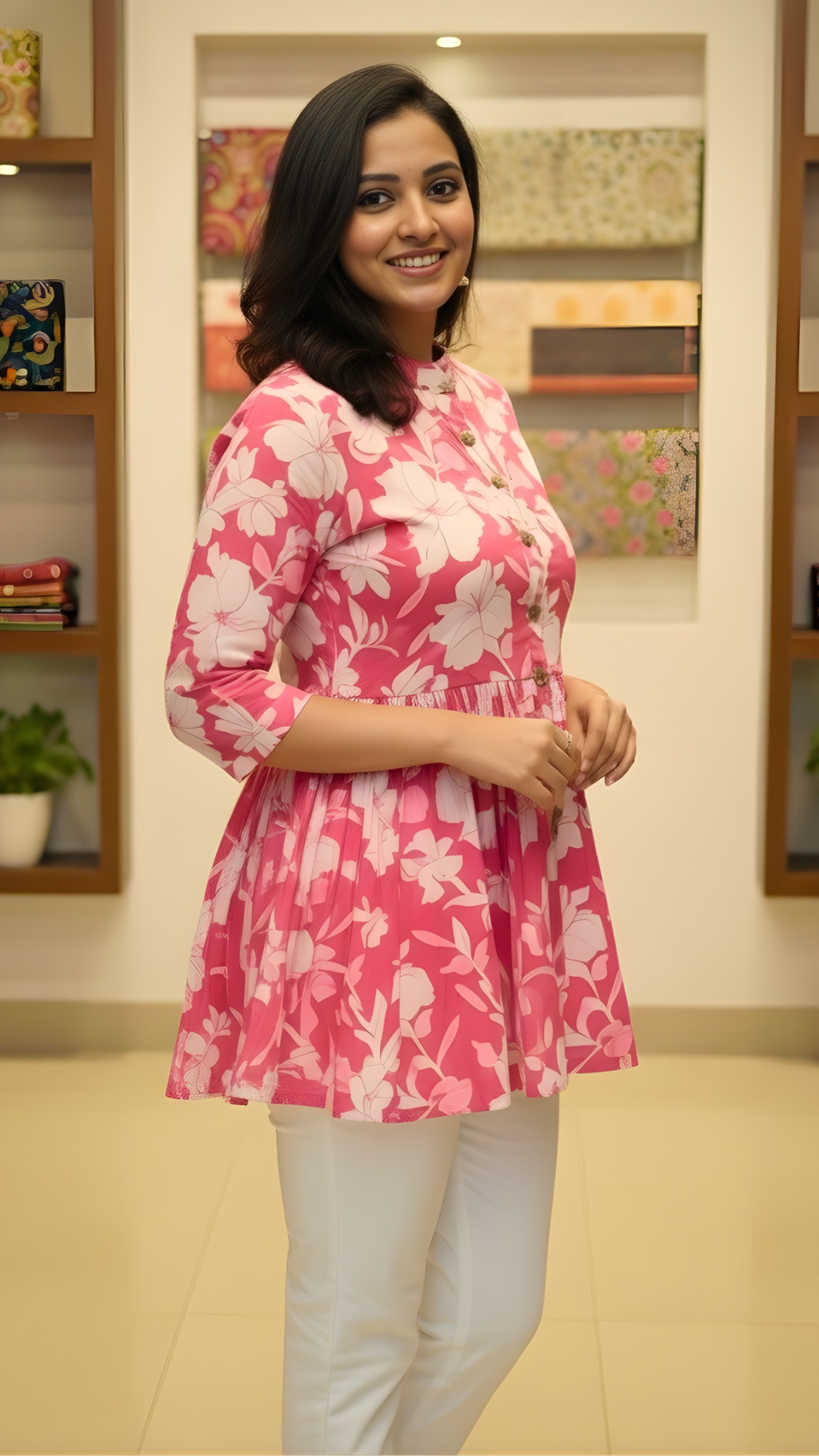 Pink Button-Down Floral Cotton Peplum Top