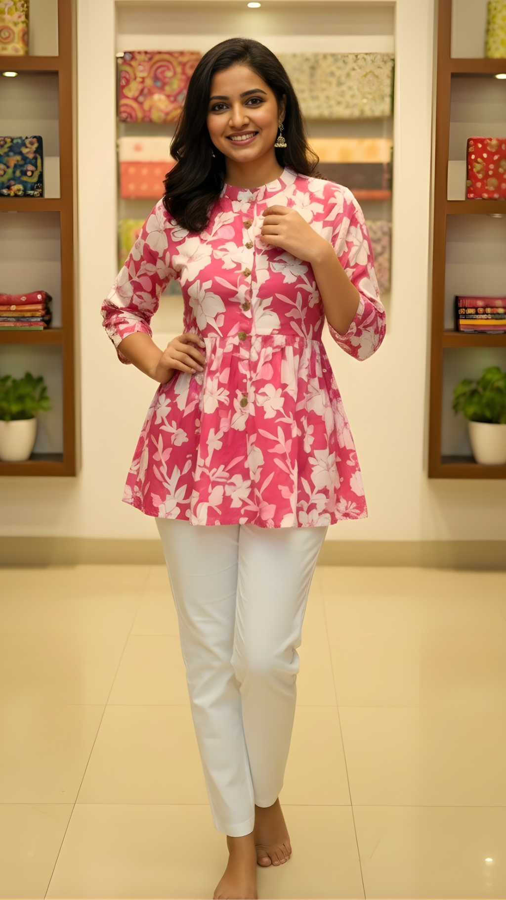 Pink Button-Down Floral Cotton Peplum Top