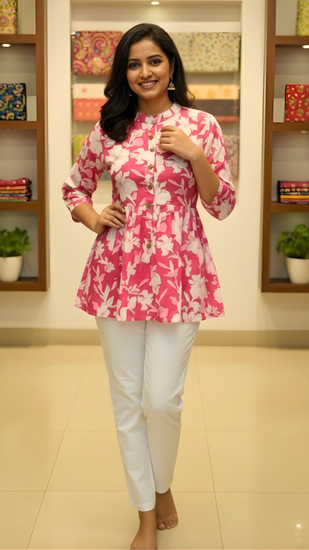 Pink Button-Down Floral Cotton Peplum Top