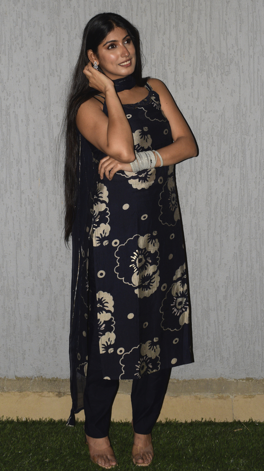 Vatican Silk Navy Blue Printed Kurta Set with Dola Silk Dupatta