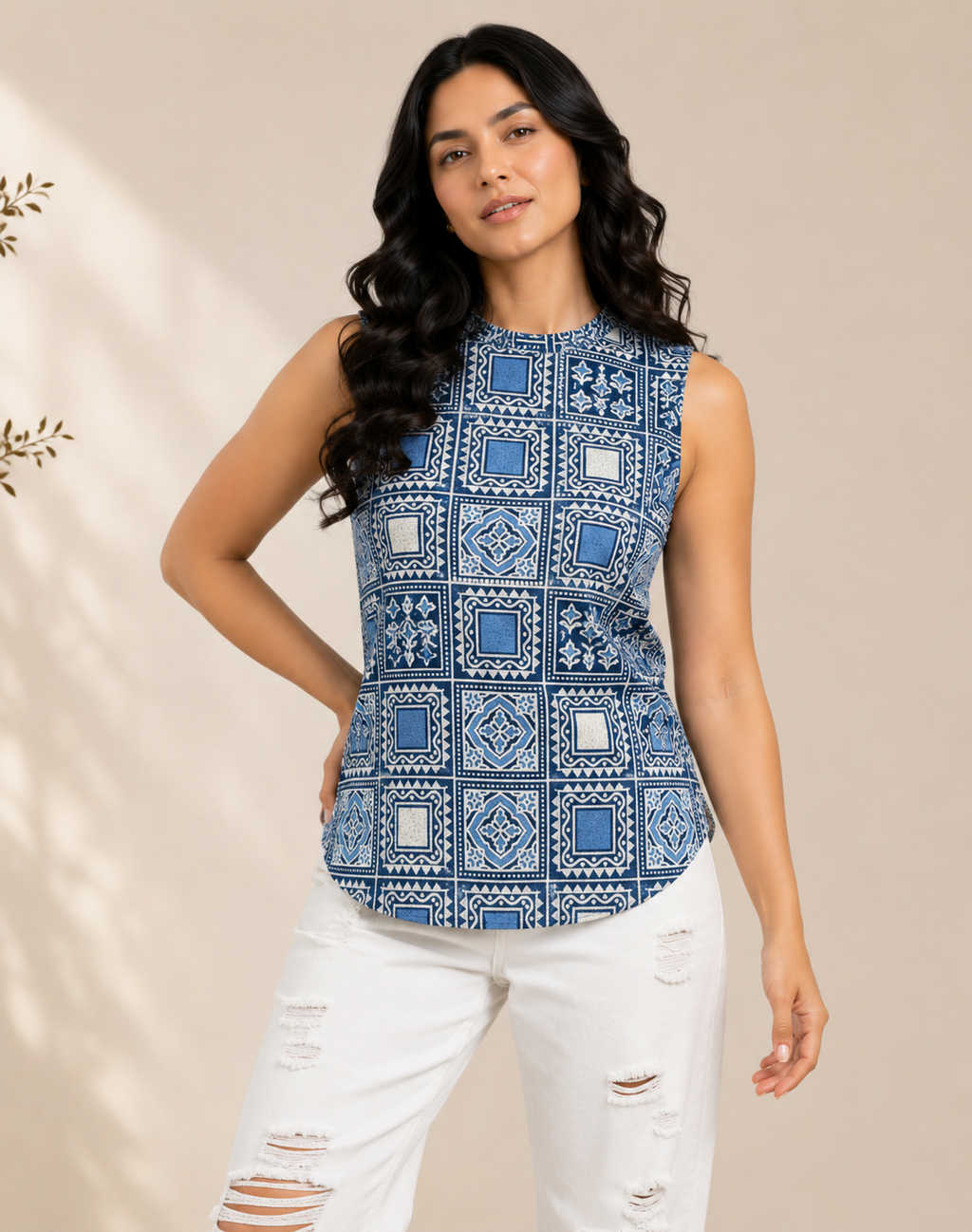Indigo Block Print Cotton Top