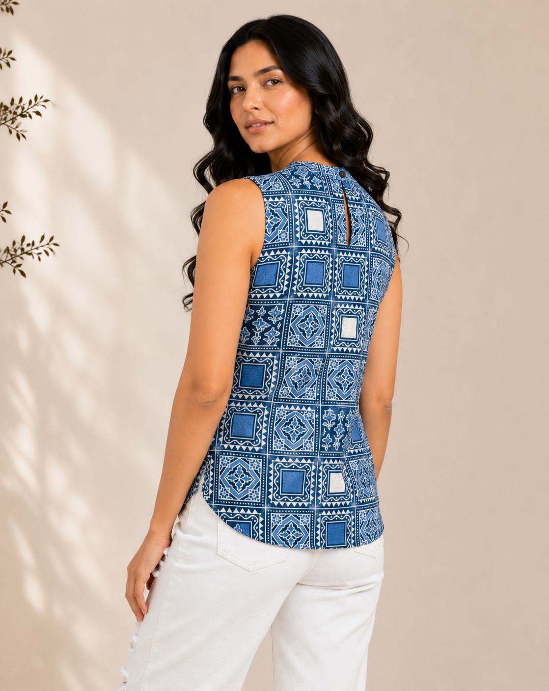 Indigo Block Print Cotton Top