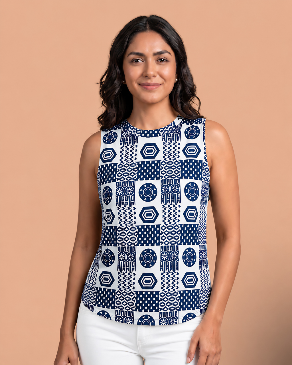 Indigo Mosaic Block Print Cotton Straight-Cut Top with Bandh-Gala Collar