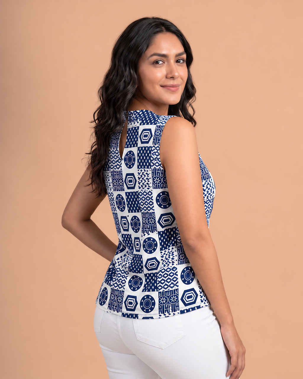Indigo Mosaic Block Print Cotton Straight-Cut Top with Bandh-Gala Collar