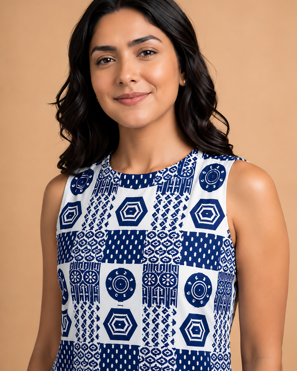 Indigo Mosaic Block Print Cotton Straight-Cut Top with Bandh-Gala Collar