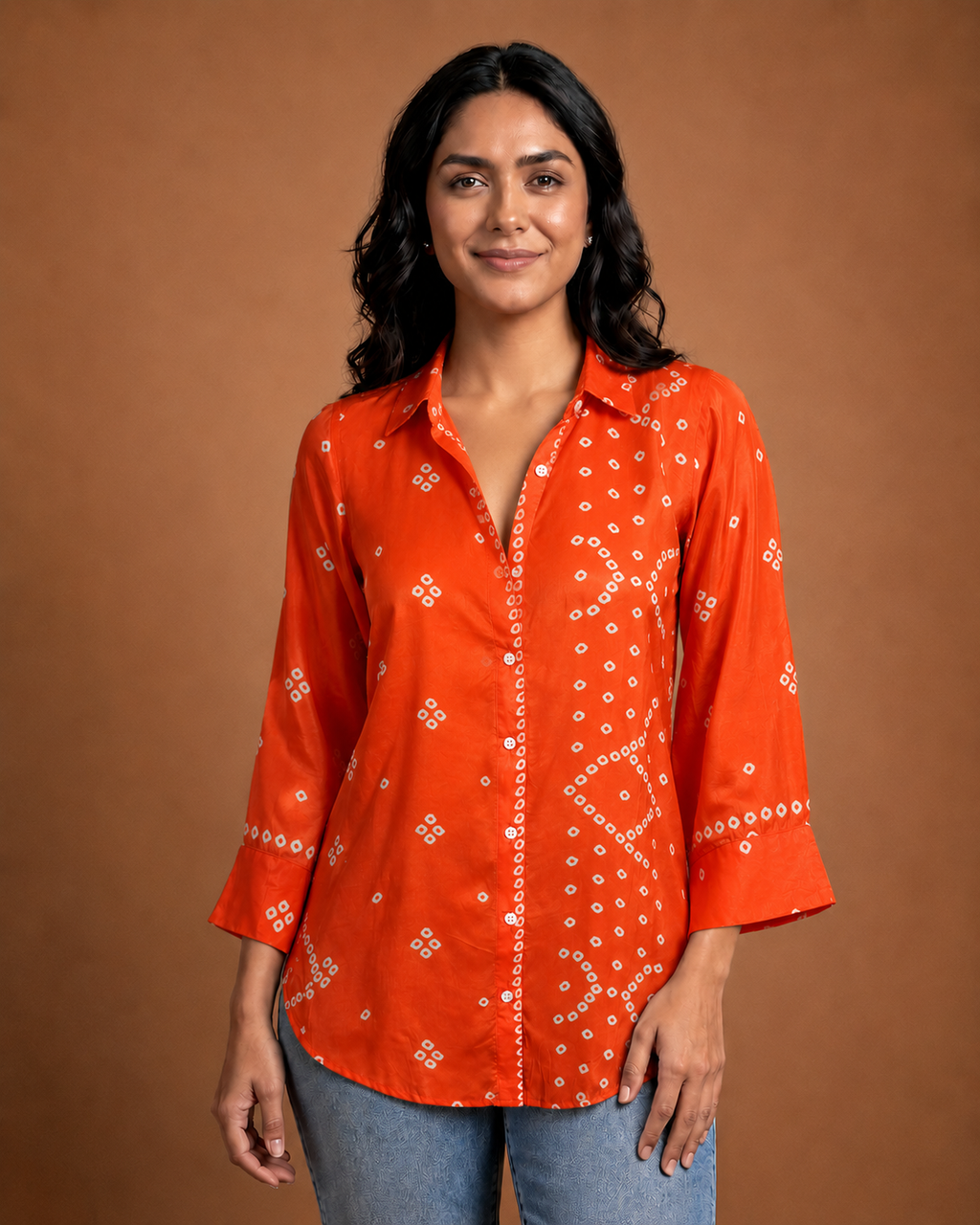 Orange Bhandej Crepe Silk Collared Shirt