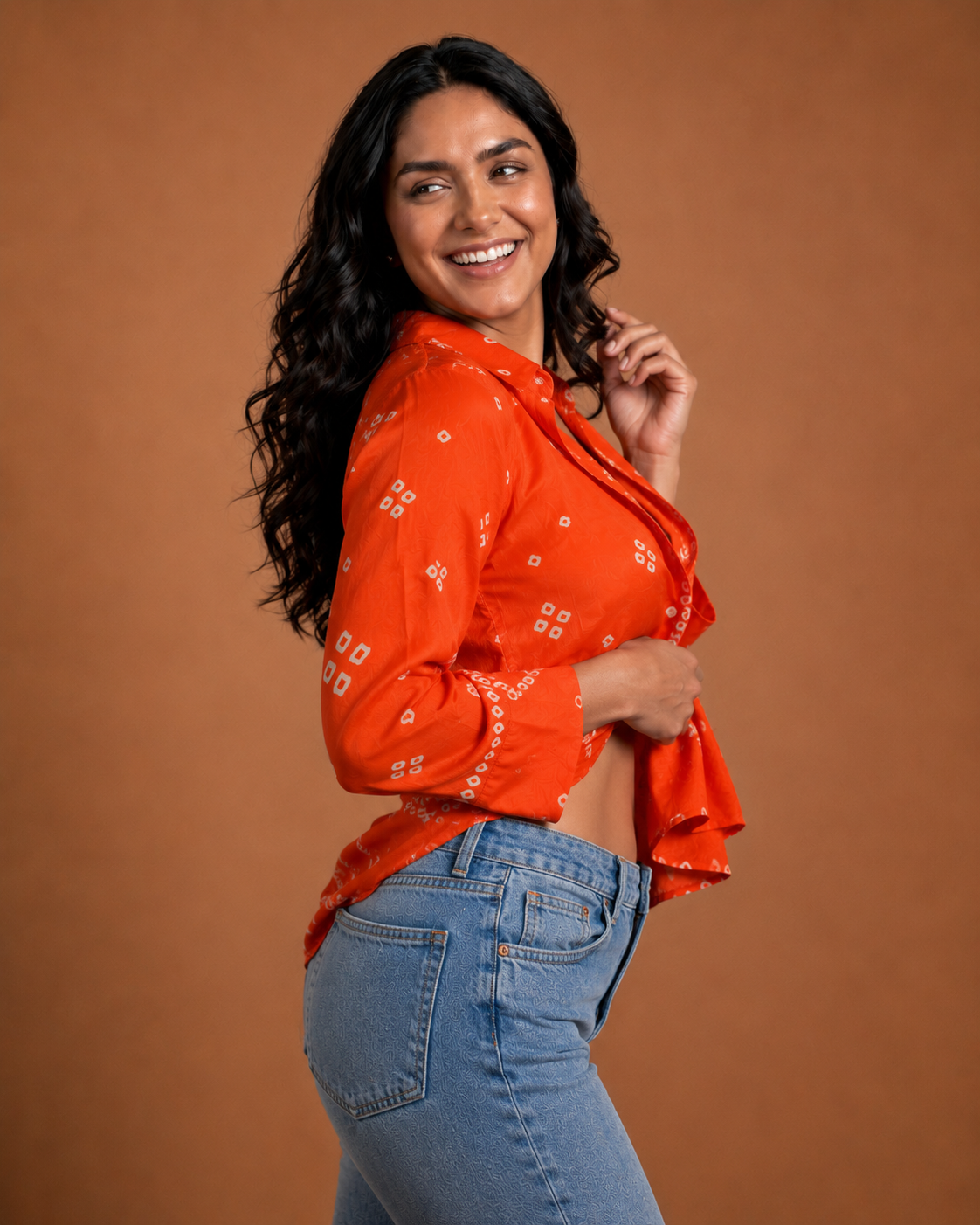 Orange Bhandej Crepe Silk Collared Shirt