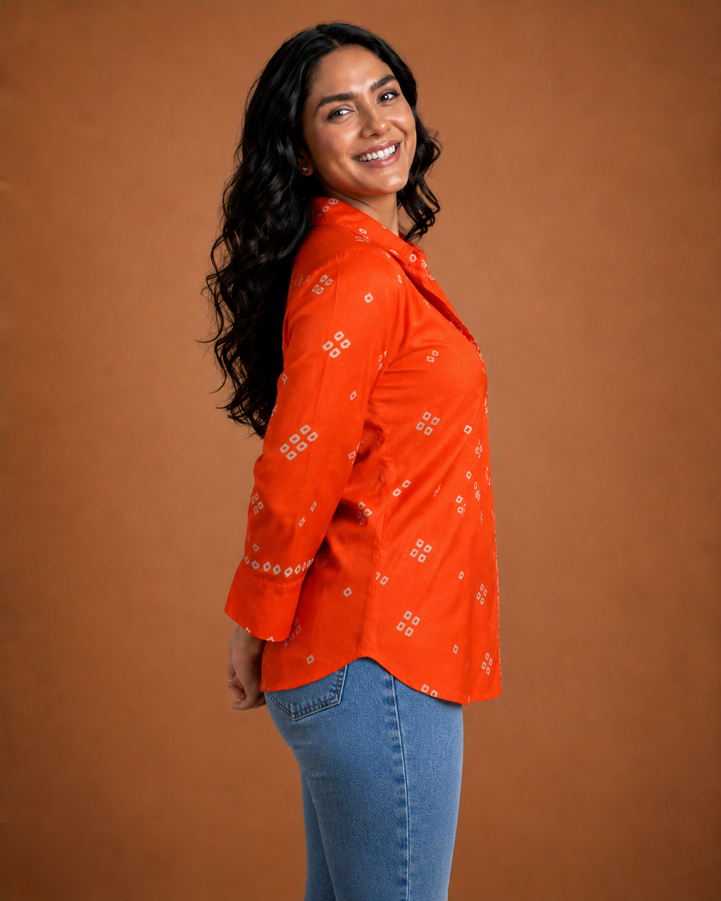 Orange Bhandej Crepe Silk Collared Shirt